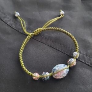 Adjustable Olive Green Macrame Bracelet with Marbled Beads